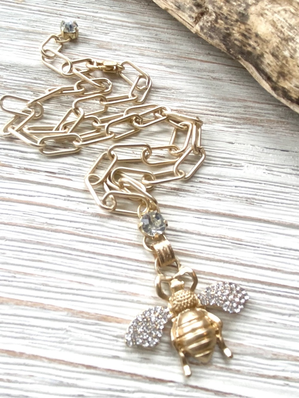 Gold Bee Pendant Necklace with Crystal Accents - Women Jewelry - Picture 2 of 3